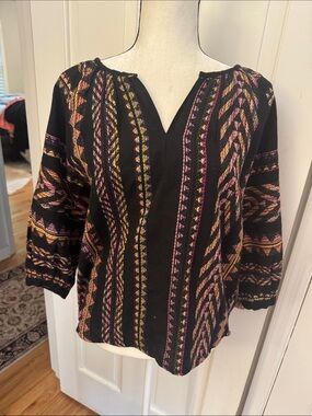 Black Embroidered Peasant Blouse with Pink & Orange Accents
